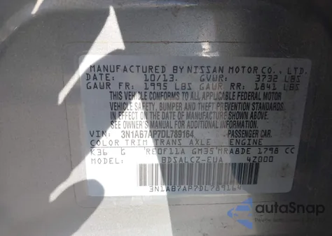 2013 Nissan Sentra S z USA, uszkodzony, nr VIN 3N1AB7AP7DL789164